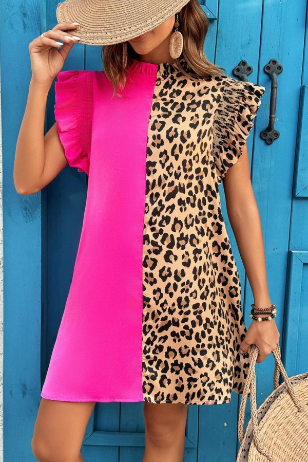 Women Rose Red Leopard Contrast Patchwork Ruffled Sleeve Short Shift Dress | Short Dresses