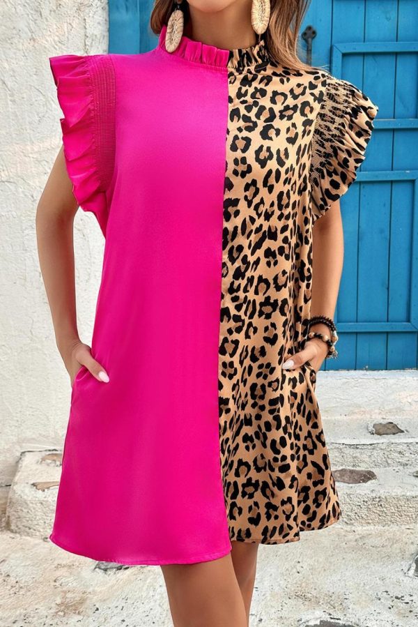 Women Rose Red Leopard Contrast Patchwork Ruffled Sleeve Short Shift Dress | Short Dresses - Image 3