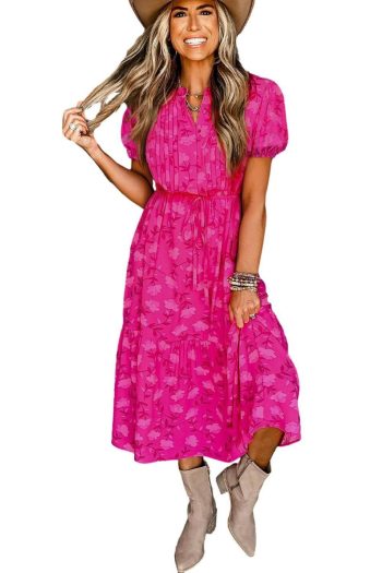 Women Rose Red Pleated Lace-Up High Waist Puff Sleeve Floral Midi Dress | Midi Dresses