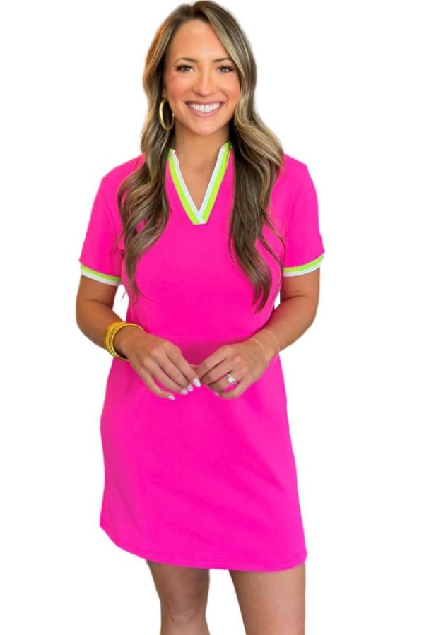 Women Rose Red Pop Of Color Neckline T-Shirt Dress | Short Dresses - Image 7