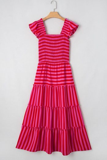 Women Rose Stripe Ruffle Strap Shirred Bodice Tiered Maxi Dress | Maxi Dresses