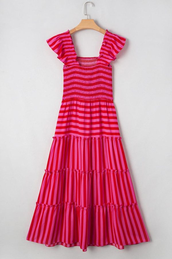 Women Rose Stripe Ruffle Strap Shirred Bodice Tiered Maxi Dress | Maxi Dresses - Image 2