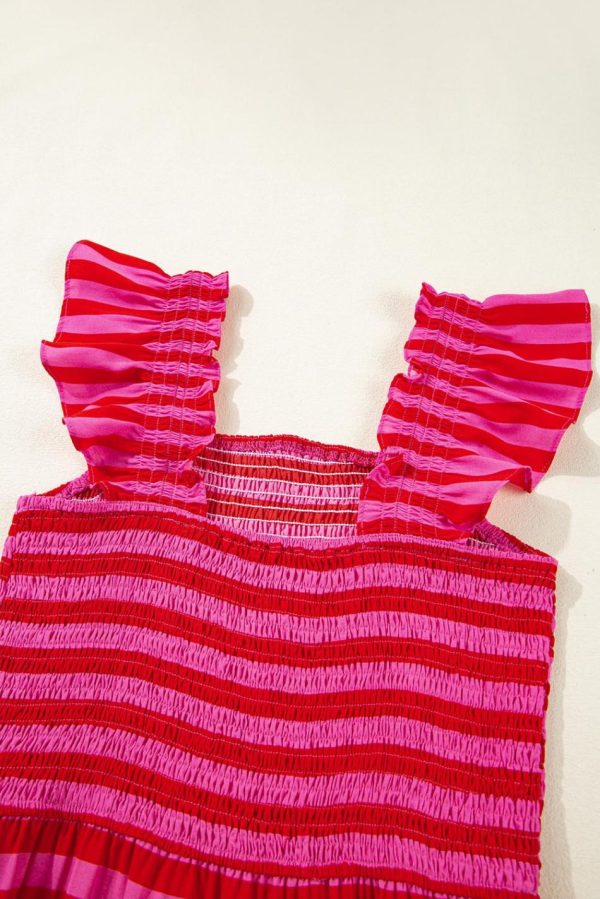 Women Rose Stripe Ruffle Strap Shirred Bodice Tiered Maxi Dress | Maxi Dresses - Image 3