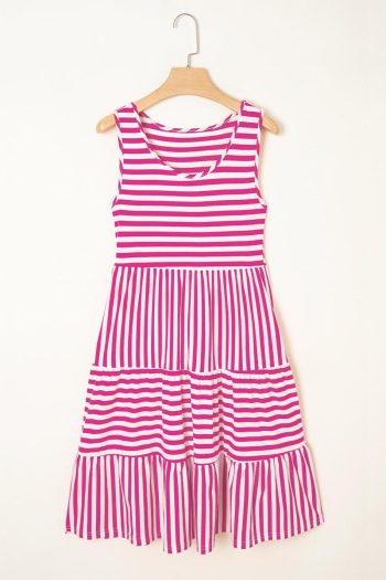 Women Rose Stripe U Neck Sleeveless Loose Fit Mini Dress | Short Dresses