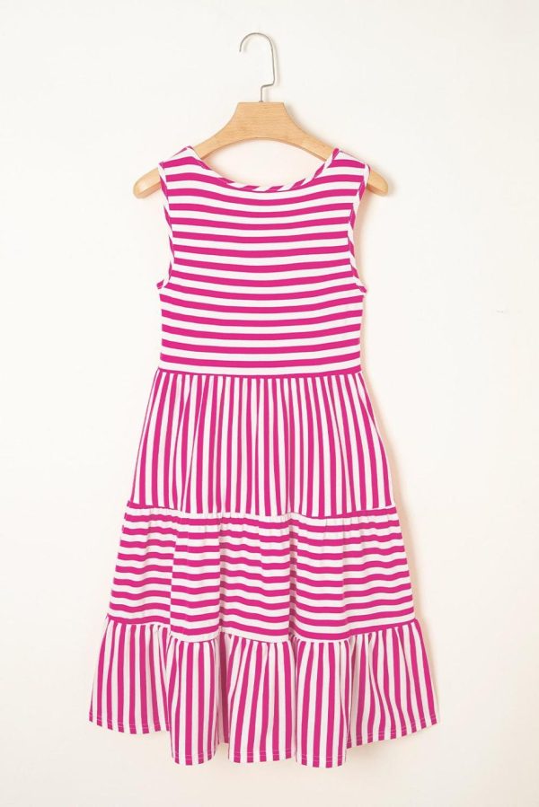 Women Rose Stripe U Neck Sleeveless Loose Fit Mini Dress | Short Dresses - Image 2