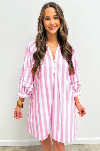 Women Rose Striped Long Sleeve Buttons Loose Mini Dress | Short Dresses