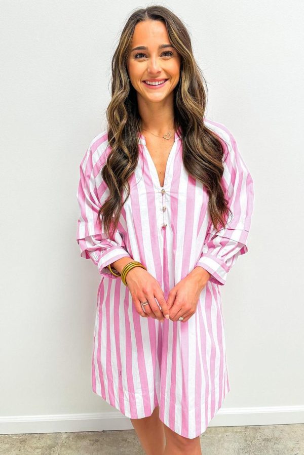 Women Rose Striped Long Sleeve Buttons Loose Mini Dress | Short Dresses - Image 2