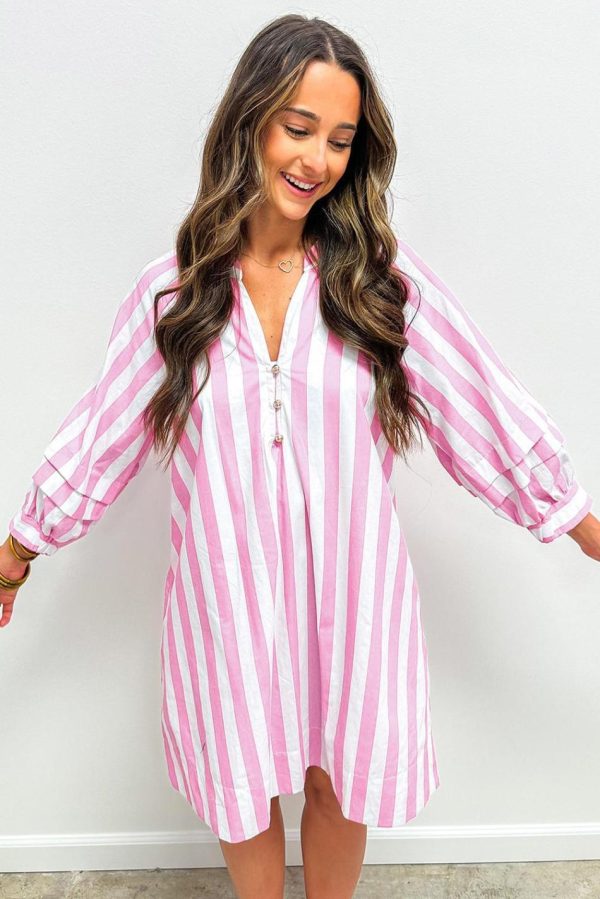 Women Rose Striped Long Sleeve Buttons Loose Mini Dress | Short Dresses - Image 3