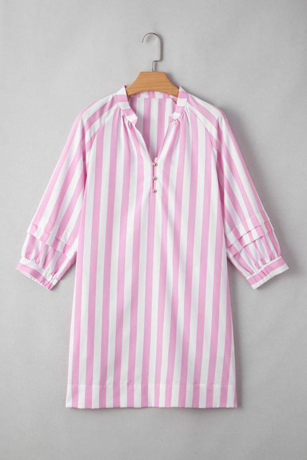 Women Rose Striped Long Sleeve Buttons Loose Mini Dress | Short Dresses - Image 4