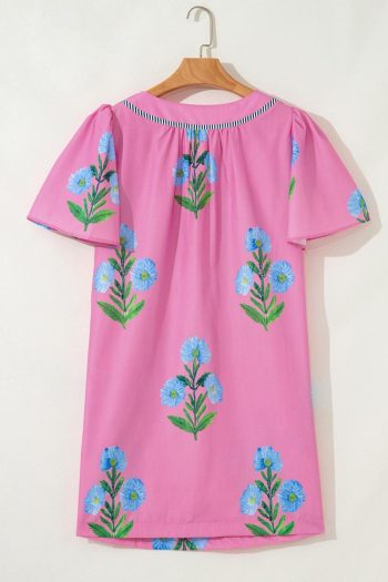 Women Rose Striped Trim Short Sleeve Split Neck Floral Mini Dress | Short Dresses