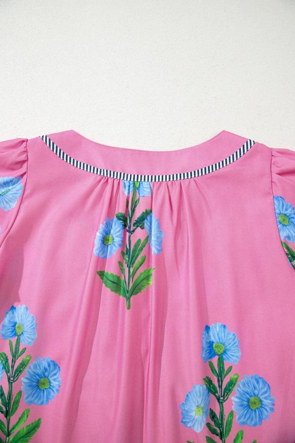 Women Rose Striped Trim Short Sleeve Split Neck Floral Mini Dress | Short Dresses - Image 3