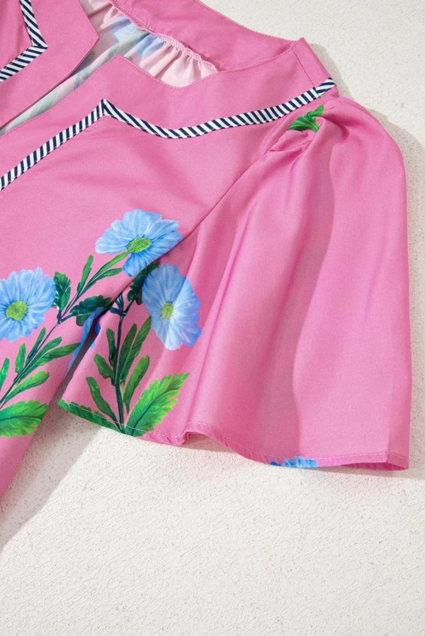 Women Rose Striped Trim Short Sleeve Split Neck Floral Mini Dress | Short Dresses - Image 5