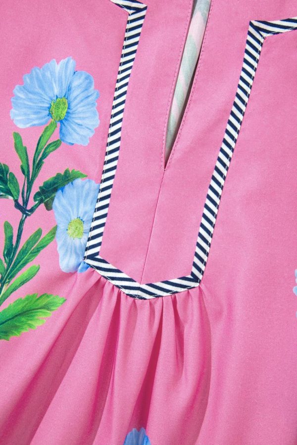 Women Rose Striped Trim Short Sleeve Split Neck Floral Mini Dress | Short Dresses - Image 6