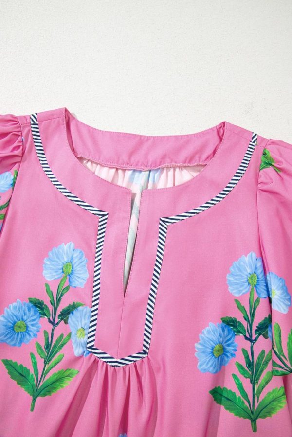 Women Rose Striped Trim Short Sleeve Split Neck Floral Mini Dress | Short Dresses - Image 7