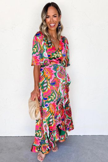 Women Rose Tropical Plant Print Surplice V Neck Ruffle Hem Maxi Dress | Maxi Dresses