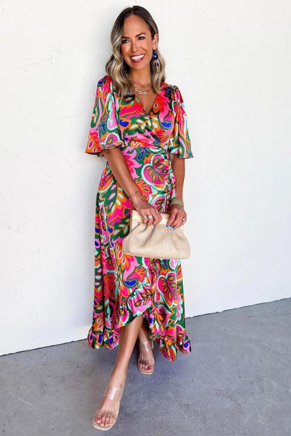 Women Rose Tropical Plant Print Surplice V Neck Ruffle Hem Maxi Dress | Maxi Dresses - Image 2