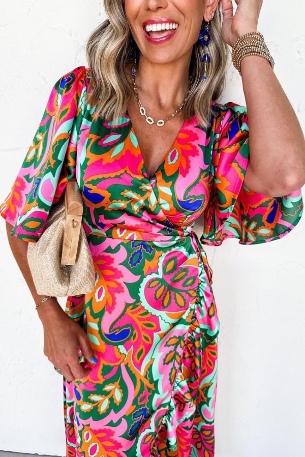 Women Rose Tropical Plant Print Surplice V Neck Ruffle Hem Maxi Dress | Maxi Dresses - Image 3