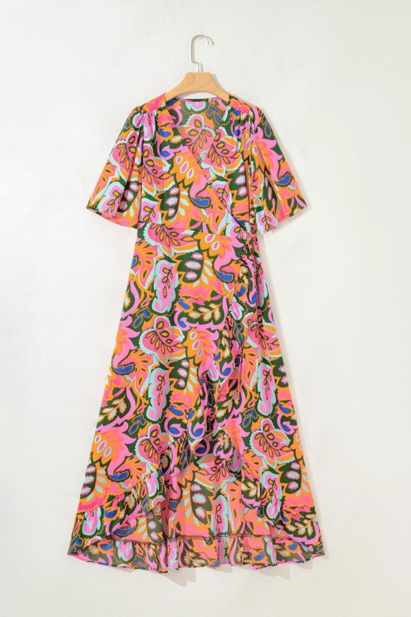 Women Rose Tropical Plant Print Surplice V Neck Ruffle Hem Maxi Dress | Maxi Dresses - Image 5