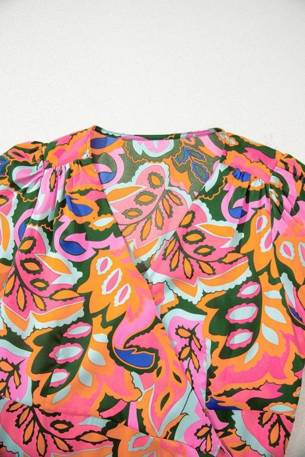 Women Rose Tropical Plant Print Surplice V Neck Ruffle Hem Maxi Dress | Maxi Dresses - Image 7