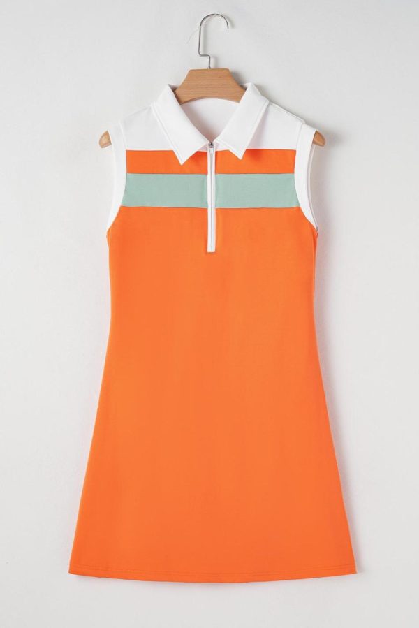 Women Russet Orange Colorblock Quarter Zip Collared Athletic Mini Dress | Short Dresses - Image 4