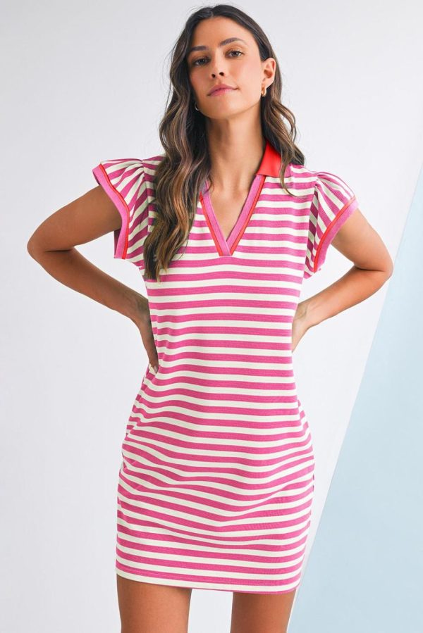 Women Sachet Pink Striped Ruffle Short Sleeve Pop Of Color Neckline Dress | Short Dresses