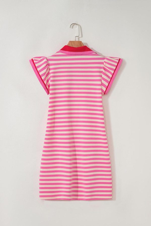 Women Sachet Pink Striped Ruffle Short Sleeve Pop Of Color Neckline Dress | Short Dresses - Image 3