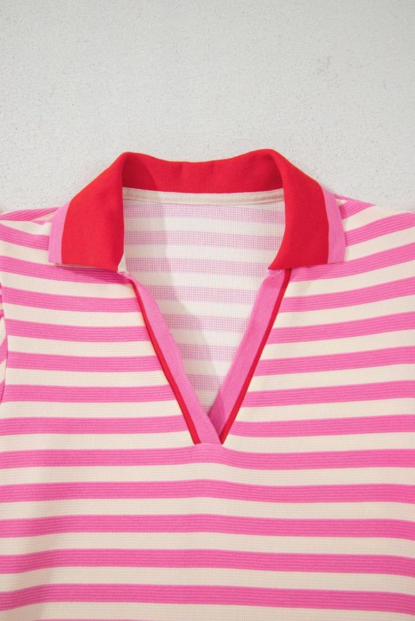 Women Sachet Pink Striped Ruffle Short Sleeve Pop Of Color Neckline Dress | Short Dresses - Image 4