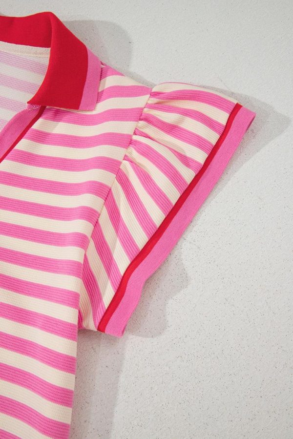 Women Sachet Pink Striped Ruffle Short Sleeve Pop Of Color Neckline Dress | Short Dresses - Image 5