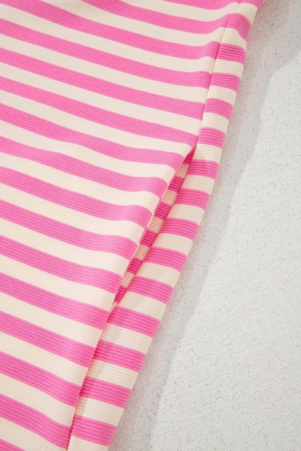Women Sachet Pink Striped Ruffle Short Sleeve Pop Of Color Neckline Dress | Short Dresses - Image 6