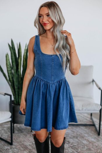 Women Sail Blue Bowknot A-Line Sleeveless Denim Dress | Short Dresses