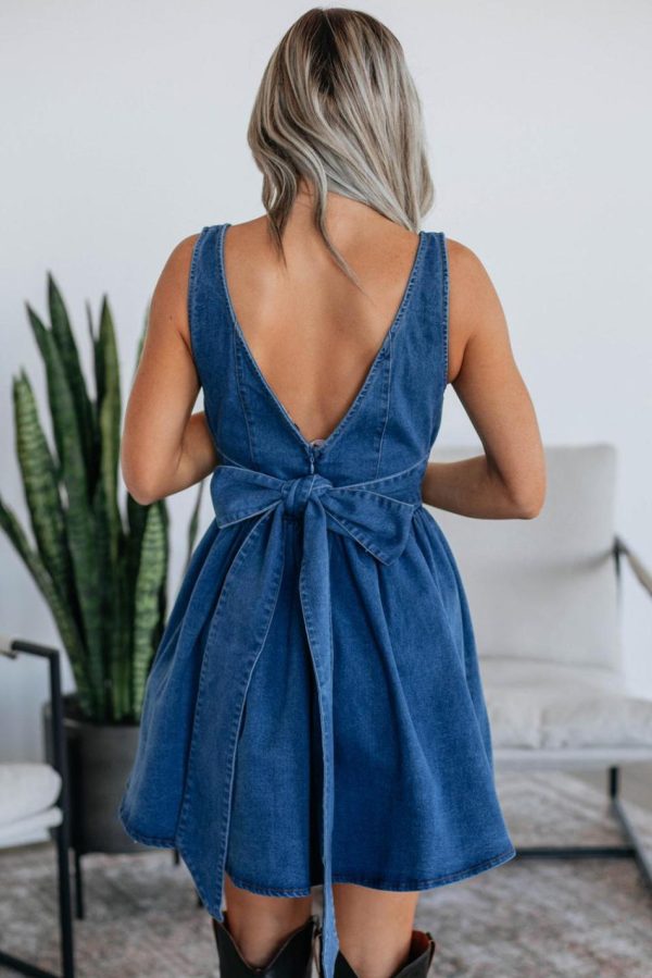 Women Sail Blue Bowknot A-Line Sleeveless Denim Dress | Short Dresses - Image 2