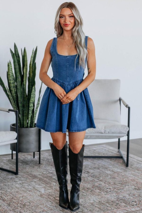 Women Sail Blue Bowknot A-Line Sleeveless Denim Dress | Short Dresses - Image 3