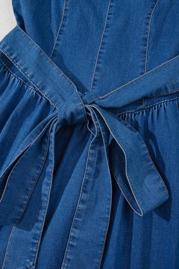 Women Sail Blue Bowknot A-Line Sleeveless Denim Dress | Short Dresses - Image 7