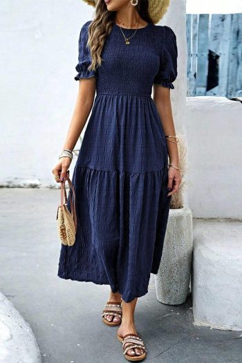 Women Sail Blue Solid Textured Smocked High Waist Midi Dress | Midi Dresses