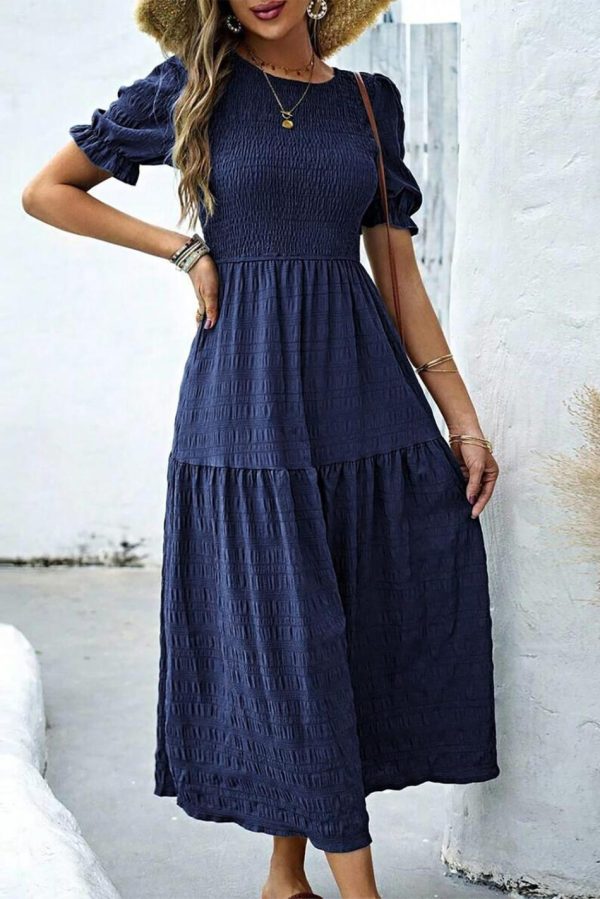 Women Sail Blue Solid Textured Smocked High Waist Midi Dress | Midi Dresses - Image 2