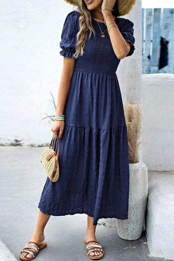 Women Sail Blue Solid Textured Smocked High Waist Midi Dress | Midi Dresses - Image 3