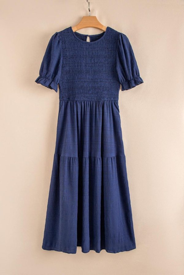 Women Sail Blue Solid Textured Smocked High Waist Midi Dress | Midi Dresses - Image 4