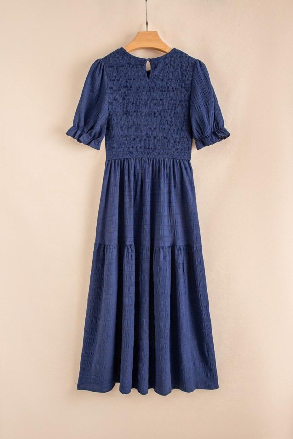 Women Sail Blue Solid Textured Smocked High Waist Midi Dress | Midi Dresses - Image 5