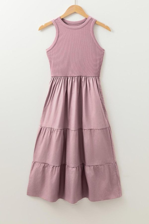 Women Sepia Rose Ribbed Vest Patchwork Tiered Midi Dress | Midi Dresses - Image 2