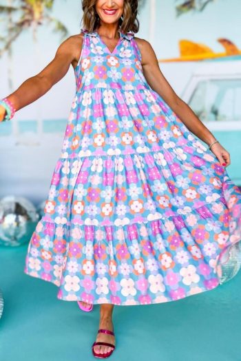 Women Sky Blue 60S Flower Split Neck Sleeveless Tiered Maxi Dress | Maxi Dresses