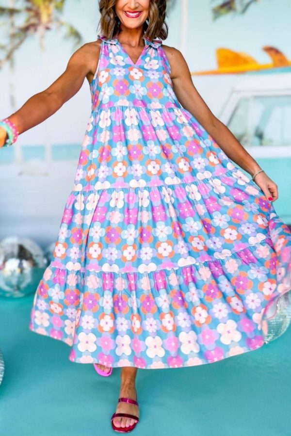 Women Sky Blue 60S Flower Split Neck Sleeveless Tiered Maxi Dress | Maxi Dresses