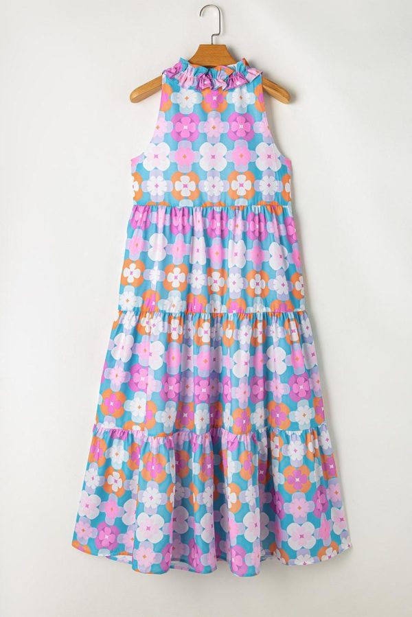 Women Sky Blue 60S Flower Split Neck Sleeveless Tiered Maxi Dress | Maxi Dresses - Image 4