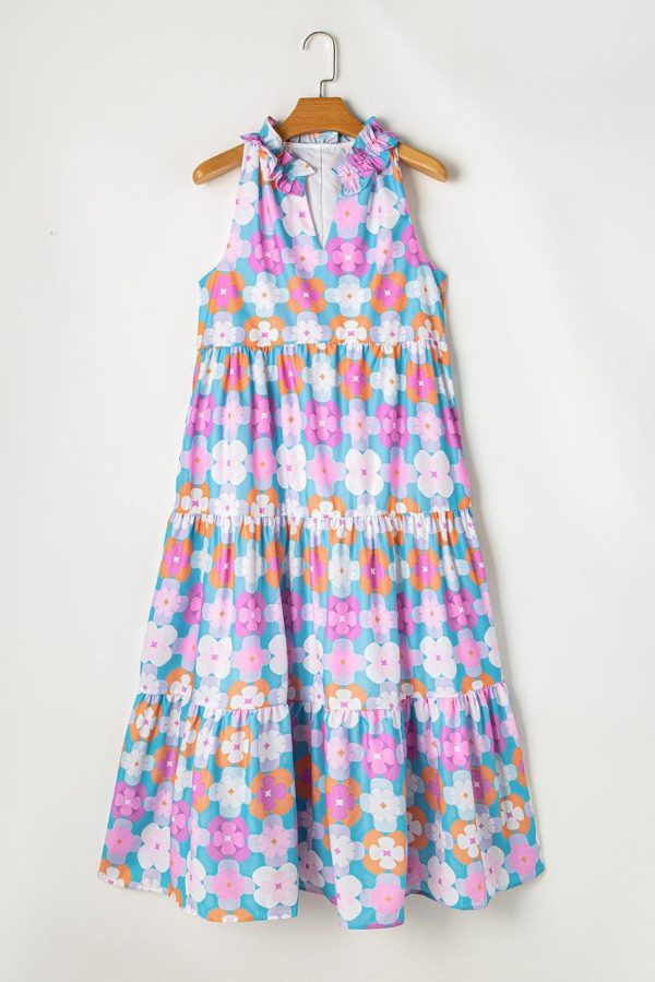 Women Sky Blue 60S Flower Split Neck Sleeveless Tiered Maxi Dress | Maxi Dresses - Image 5