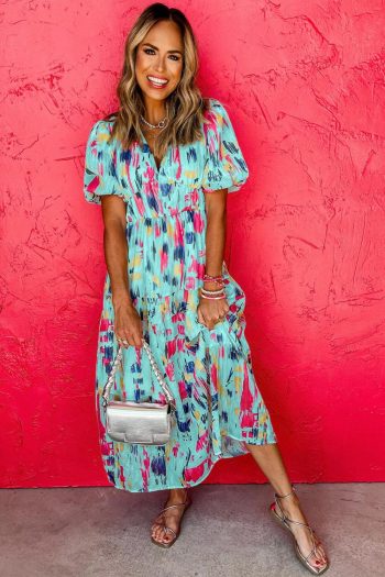 Women Sky Blue Abstract Print Short Puff Sleeve Tiered Maxi Dress | Maxi Dresses