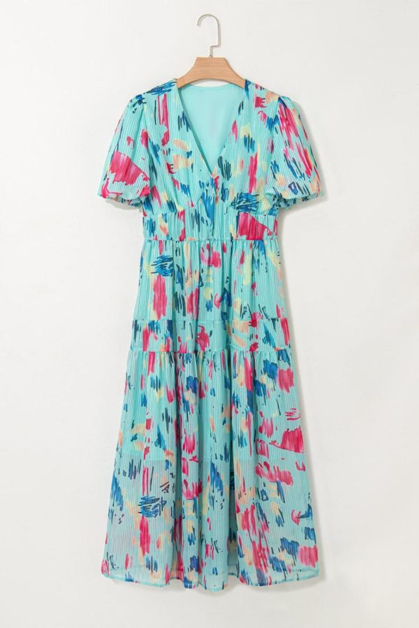 Women Sky Blue Abstract Print Short Puff Sleeve Tiered Maxi Dress | Maxi Dresses - Image 2