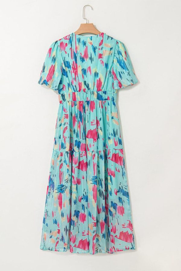 Women Sky Blue Abstract Print Short Puff Sleeve Tiered Maxi Dress | Maxi Dresses - Image 3
