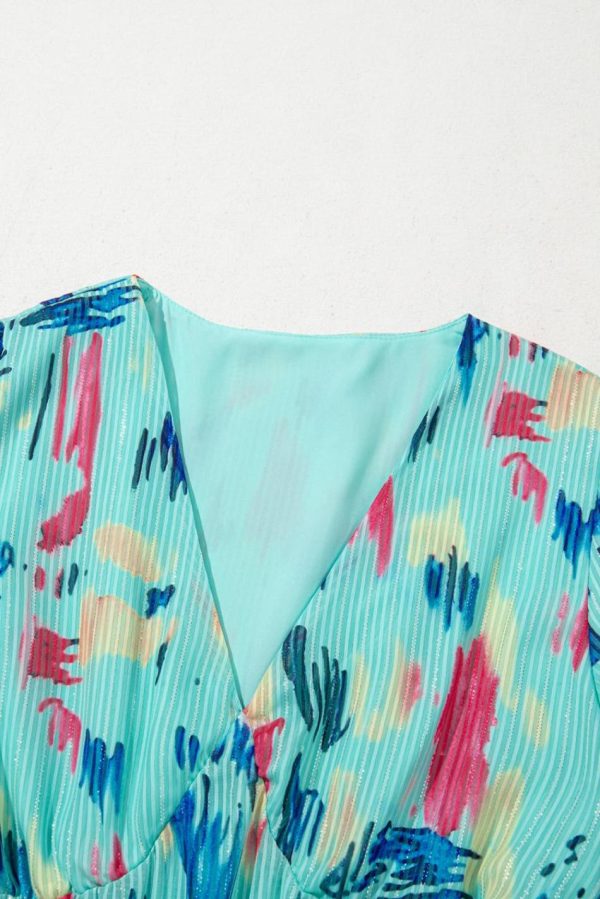 Women Sky Blue Abstract Print Short Puff Sleeve Tiered Maxi Dress | Maxi Dresses - Image 4