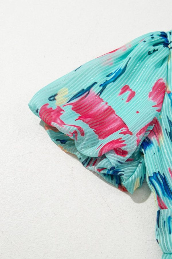 Women Sky Blue Abstract Print Short Puff Sleeve Tiered Maxi Dress | Maxi Dresses - Image 6