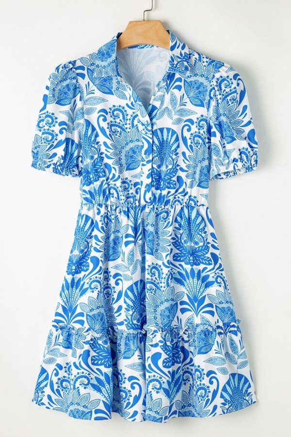 Women Sky Blue Boho Floral Print Frill Tiered Mini Dress | Short Dresses - Image 2
