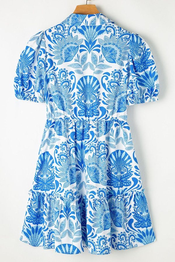 Women Sky Blue Boho Floral Print Frill Tiered Mini Dress | Short Dresses - Image 3